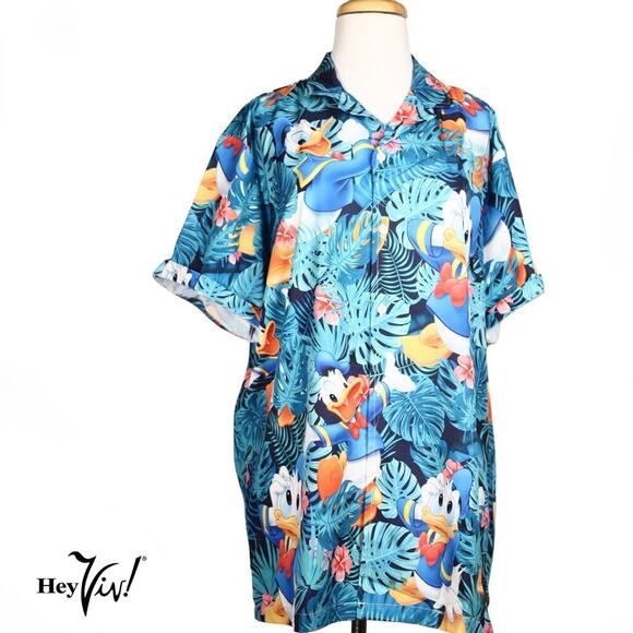 Donald Duck Hawaiian Shirt Mens Button Up Colorful Tropical Size Large - Hey Viv - Picture 1 of 6